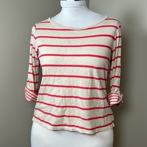 JCPENNEY Stripes Tee Three Quarter Button Sleeve Cream Red Size Large